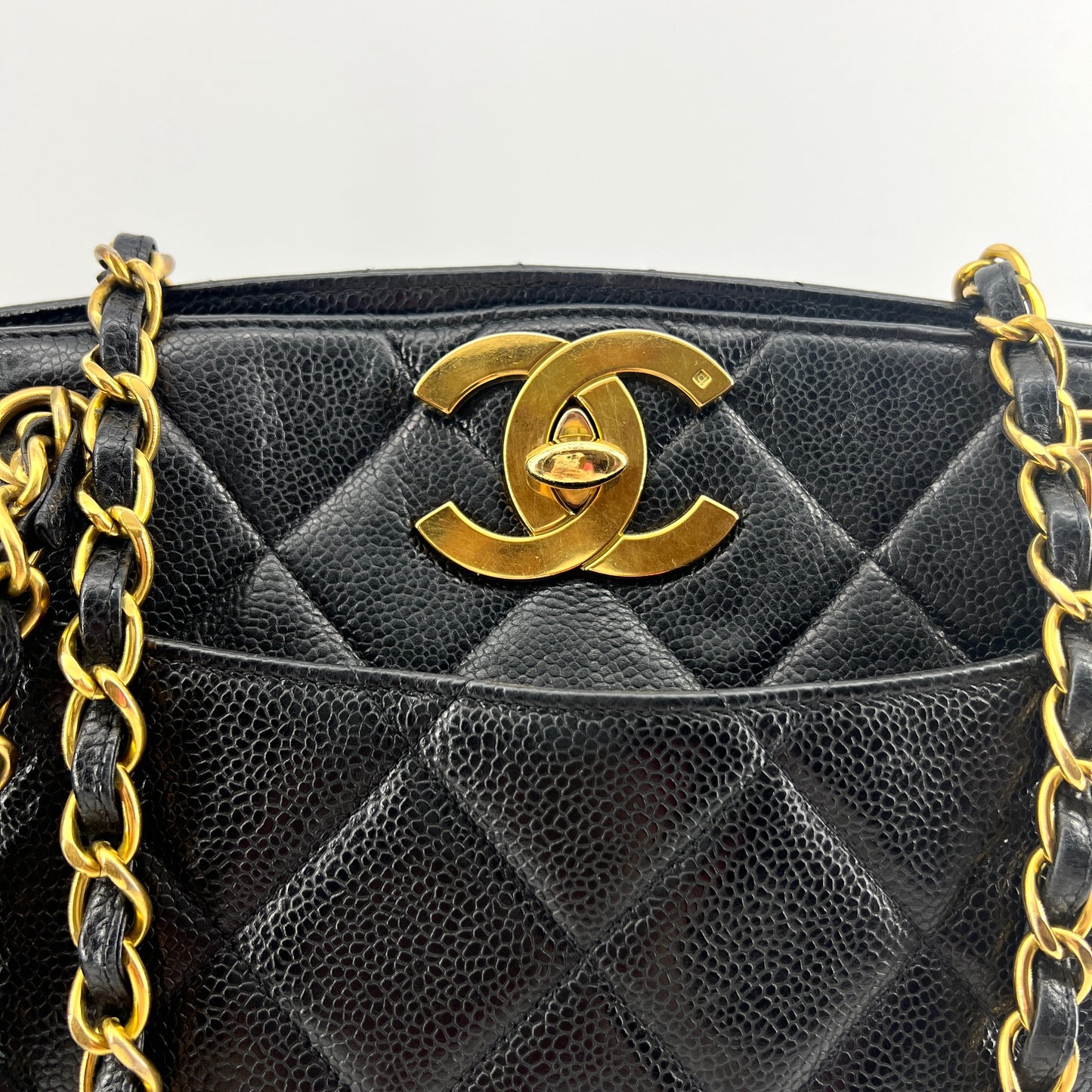 CHANEL CC Black Caviar Quilted Gold Hardware Chain Carryall Shopper Tote Bag