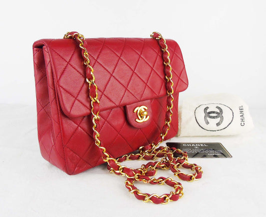 CHANEL red mini square lambskin flap bag ghw - vintage