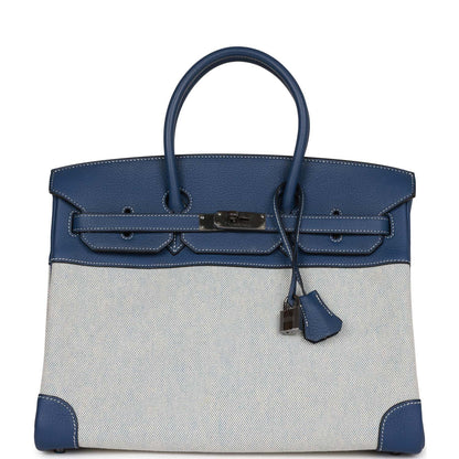 Hermes Birkin 35 Bleu Brighton Clemence and Toile H Ruthenium Hardware