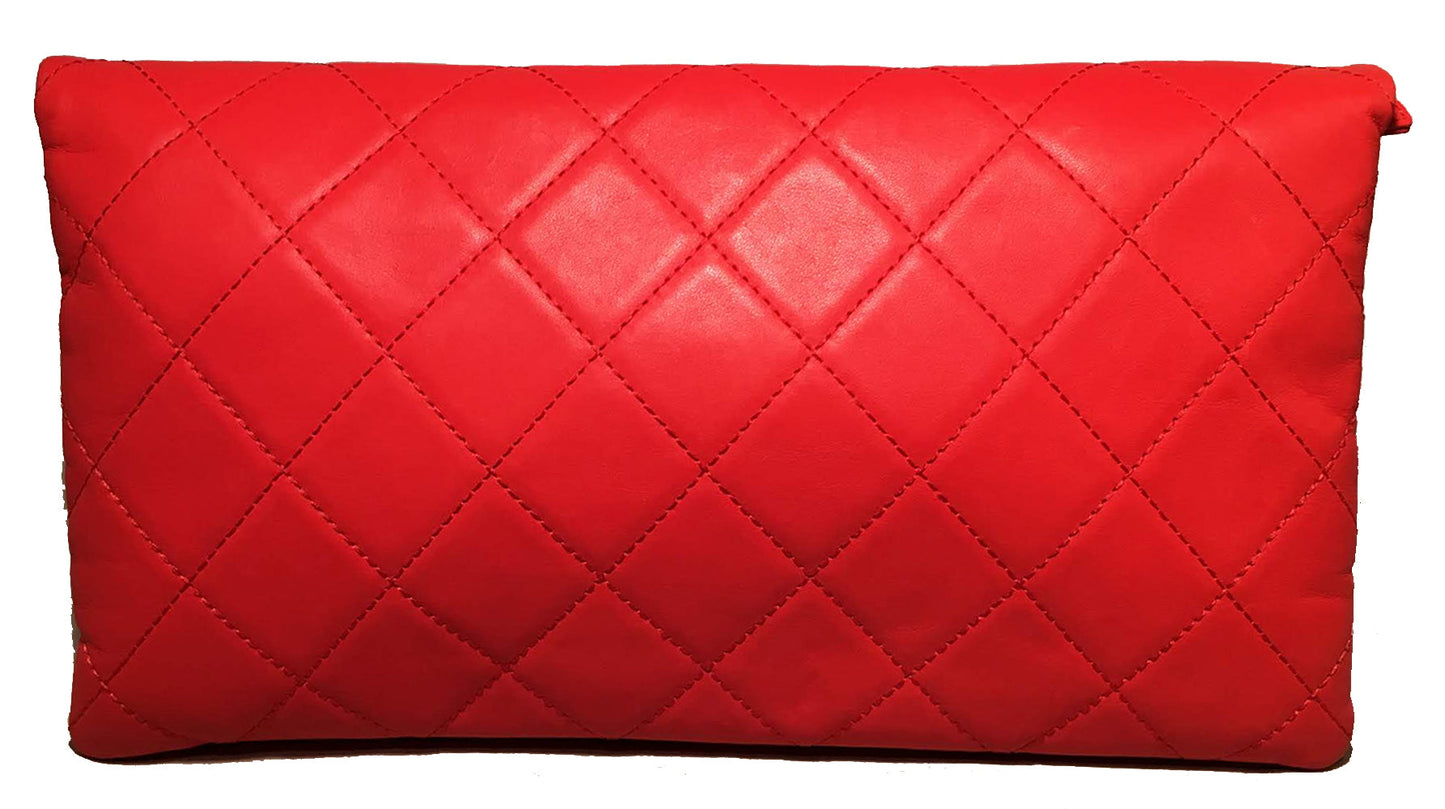 Chanel Red Quilted Leather CC Fold Over Clutch