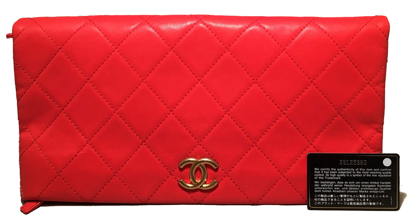 Chanel Red Quilted Leather CC Fold Over Clutch