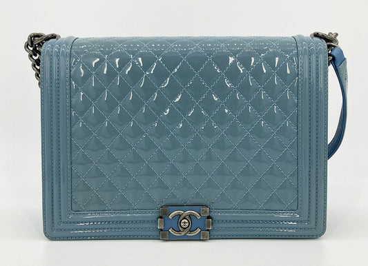 Chanel Light Blue Patent Large Boy Bag