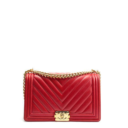 CHANEL 2017 Boy Bag Medium Chevron - Red w/Gold