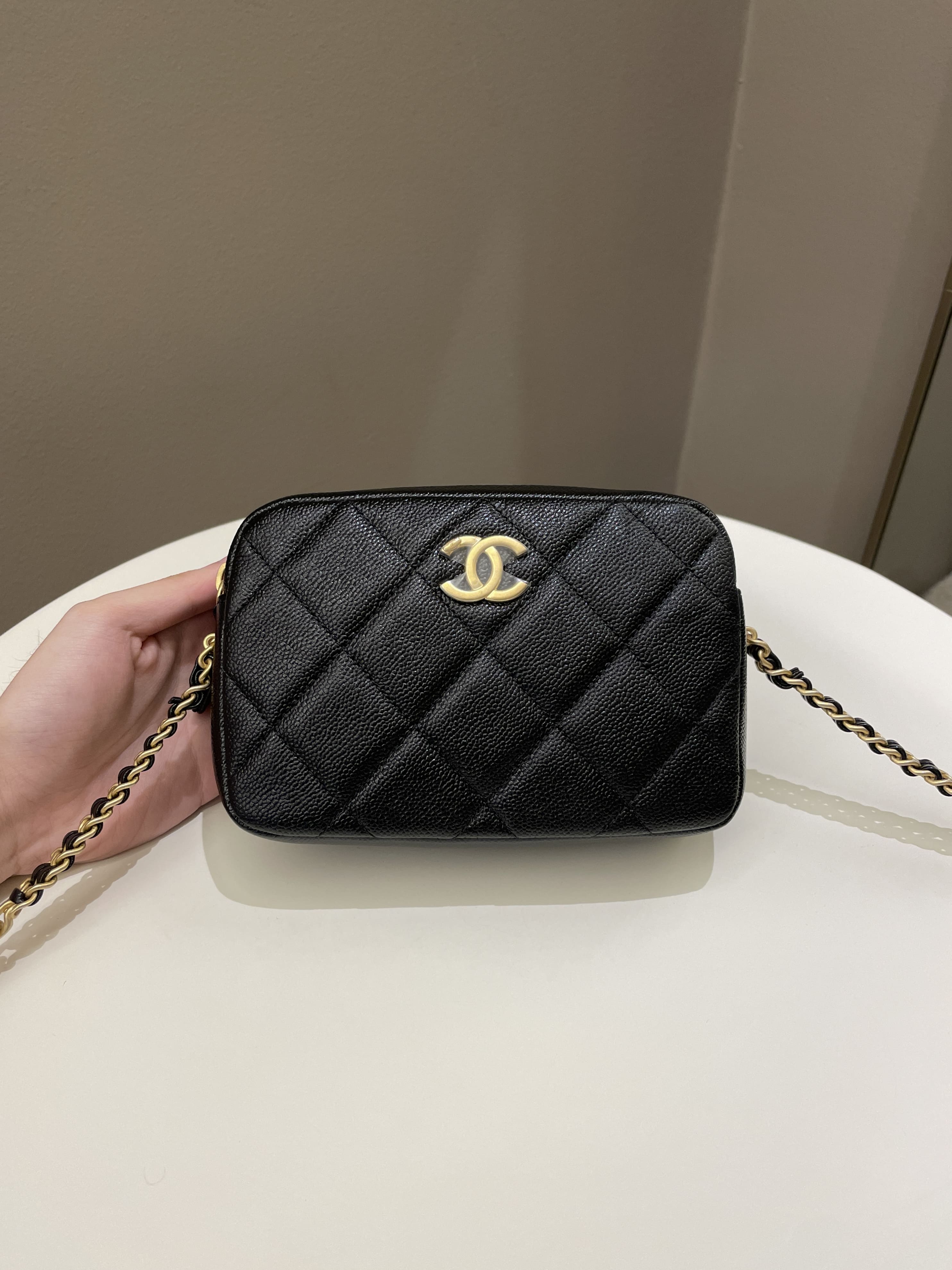 Chanel 22P Quilted Camera Sling Bag Black Caviar Bags Arena