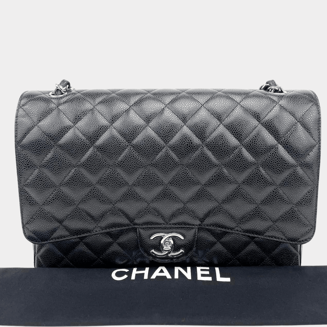 CHANEL 2014 Black Maxi Caviar  Quilted Double Flap