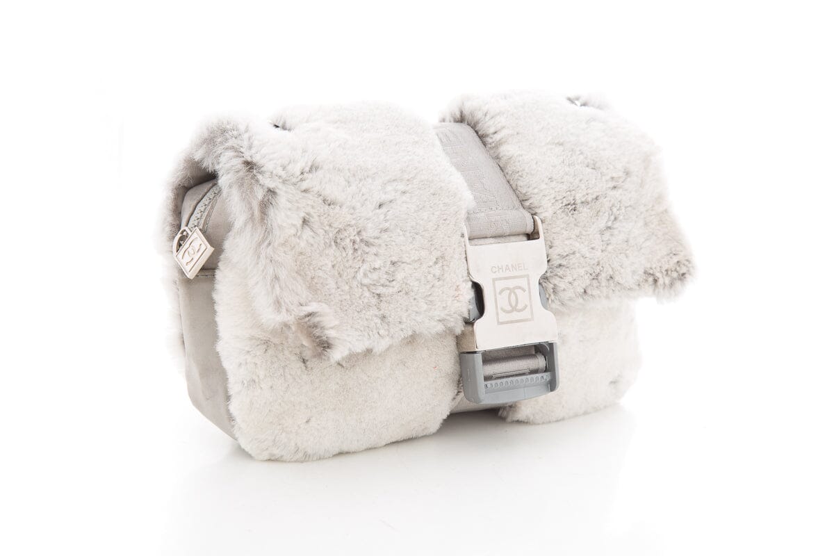 Chanel 2005/06 Grey Cross Body Rabbit Fur & Silver Seatbelt Buckle Handbag