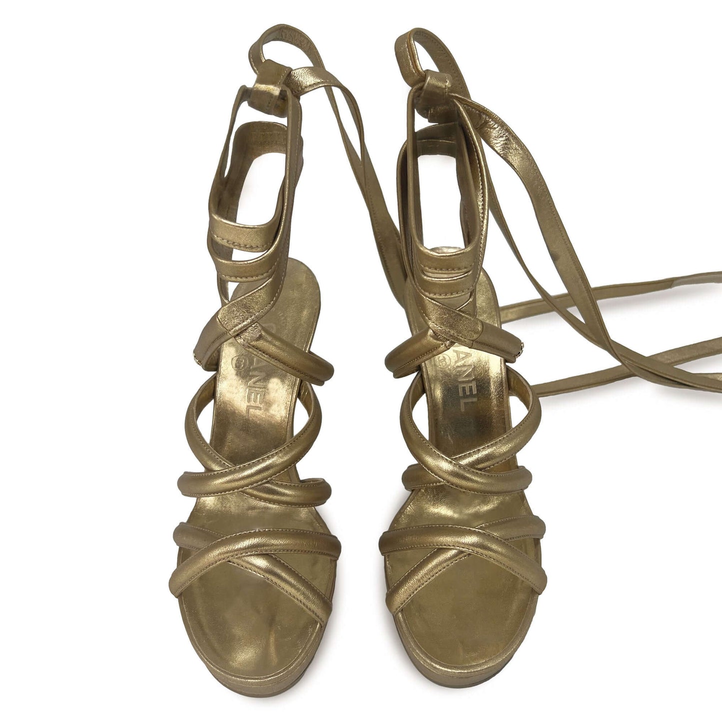 Chanel runway champagne gold leather tie-up high heel sandals