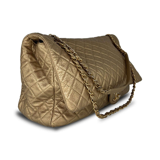 Pre owned Chanel gold quilted leather double flap designer travel bag