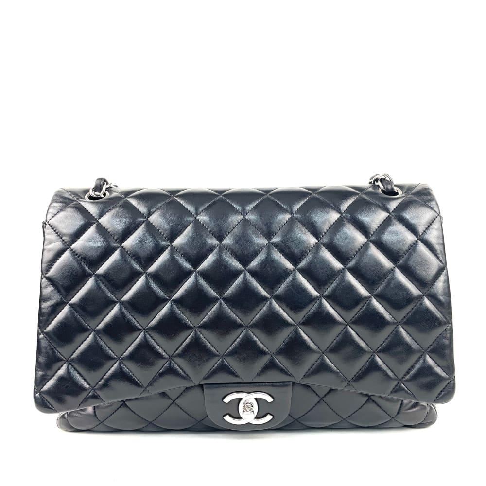 CHANEL Maxi Double Flap Bag Black Lambskin Leather