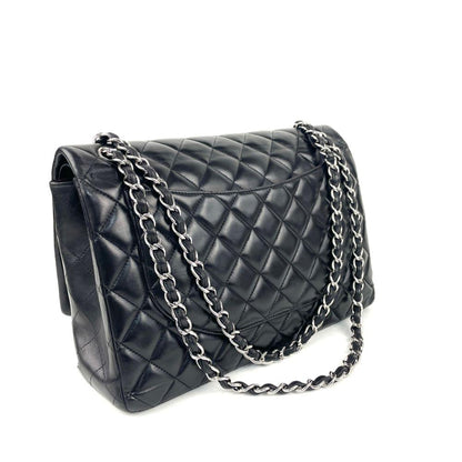 CHANEL Maxi Double Flap Bag Black Lambskin Leather