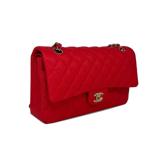 Pre owned Chanel watermelon red caviar leather double flap closure bag