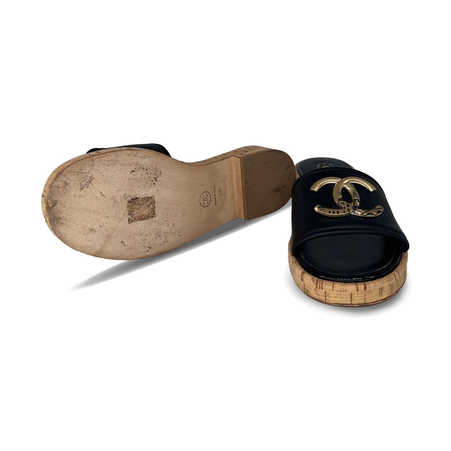 Chanel gold logo mules sandals black lambskin leather/cork