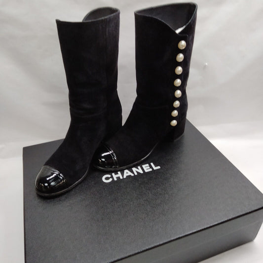 Chanel Tall Boots Women Black Suede Leather