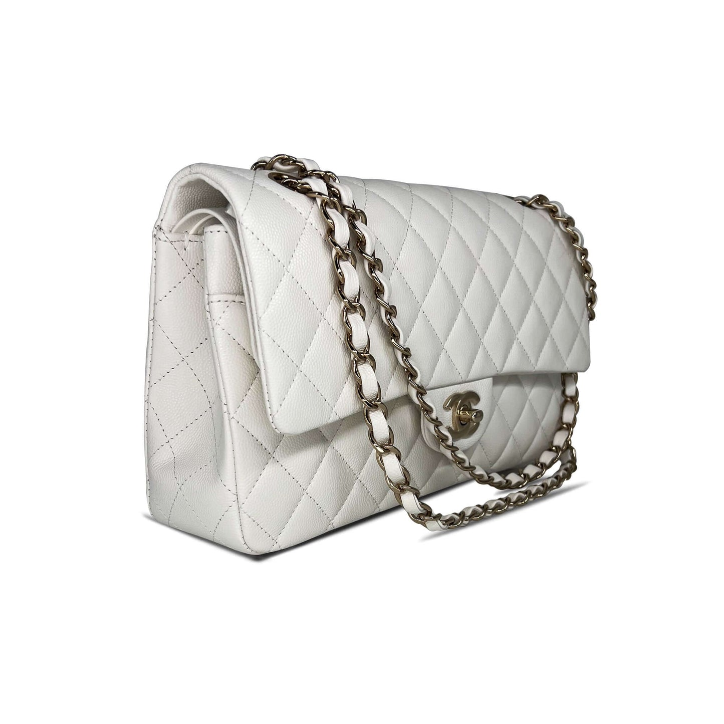 Pre owned Chanel optic white caviar leather double flap closure designer bag