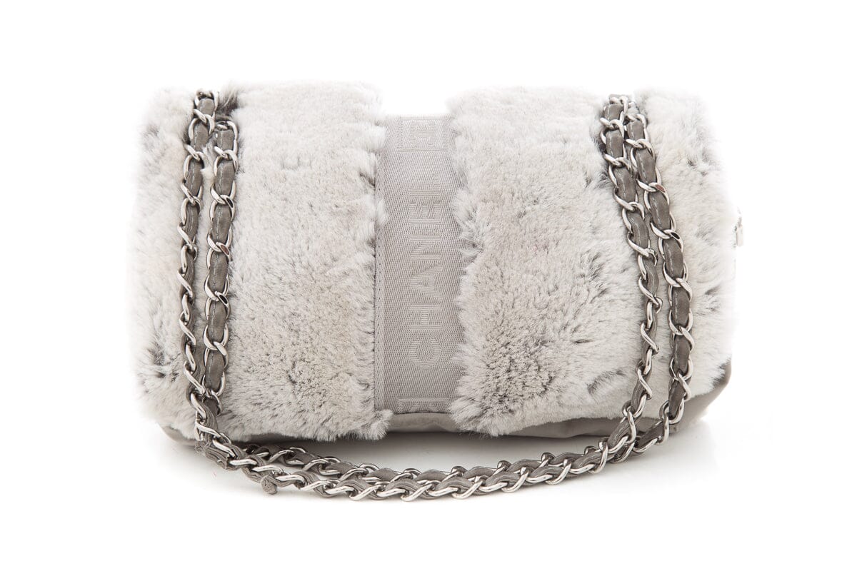 Chanel 2005/06 Grey Cross Body Rabbit Fur & Silver Seatbelt Buckle Handbag