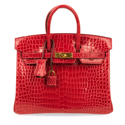 Hermes Birkin 25 Bag Red Braise Porosus Crocodile Gold Hardware Lipstick Red