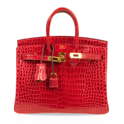 Hermes Birkin 25 Bag Red Braise Porosus Crocodile Gold Hardware Lipstick Red