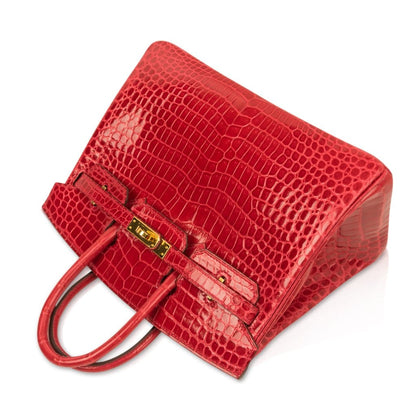 Hermes Birkin 25 Bag Red Braise Porosus Crocodile Gold Hardware Lipstick Red