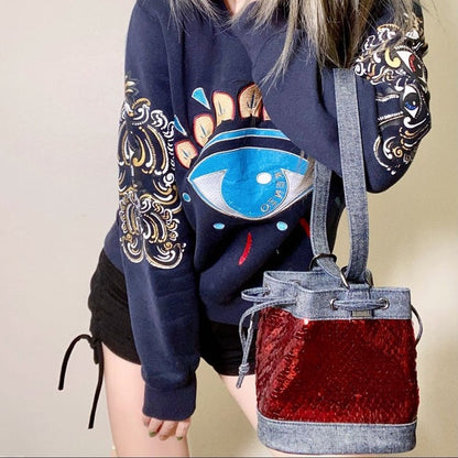 CHANEL Denim Sequin Mini Bucket Bag