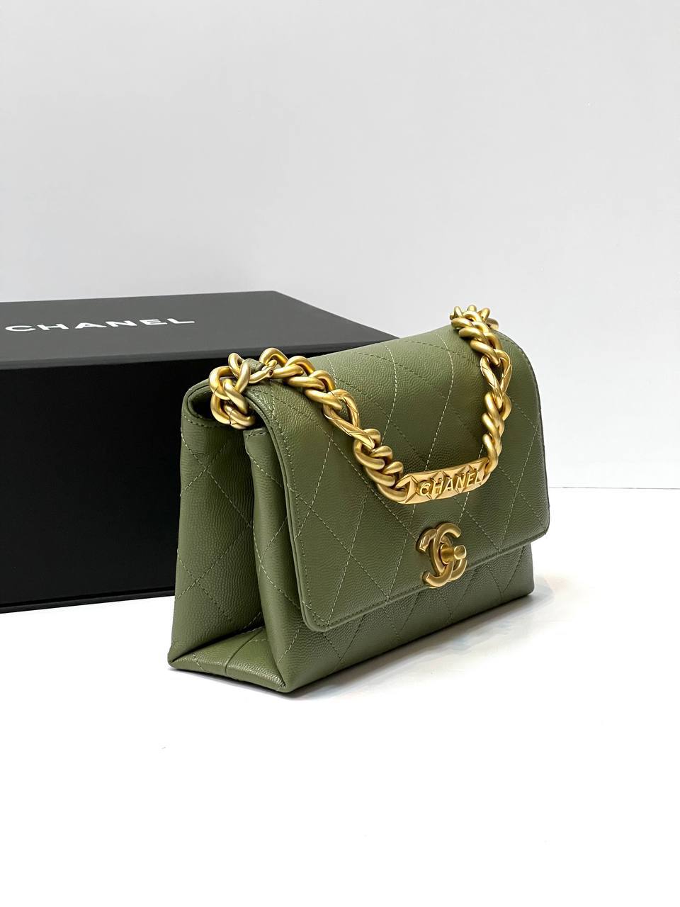 Chanel Logo Chain Flap Bag green