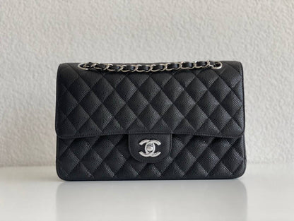 CHANEL small classic handbag Grained Calfskin & Silver-Tone Metal Black