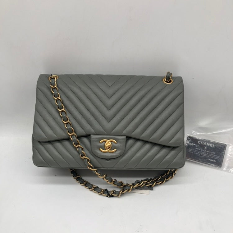 Chanel Lambskin Chevron Quilted Jumbo Classic Flap Shoulder Bag, Grey